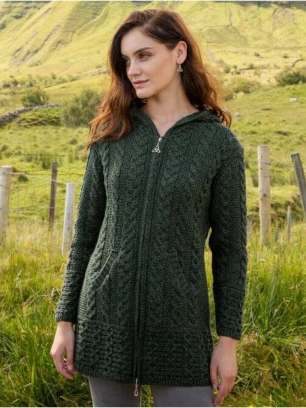 New Aran Crafts Ireland Ladies Merino Cable Design Zip Coatigan ‎‎Army Green M